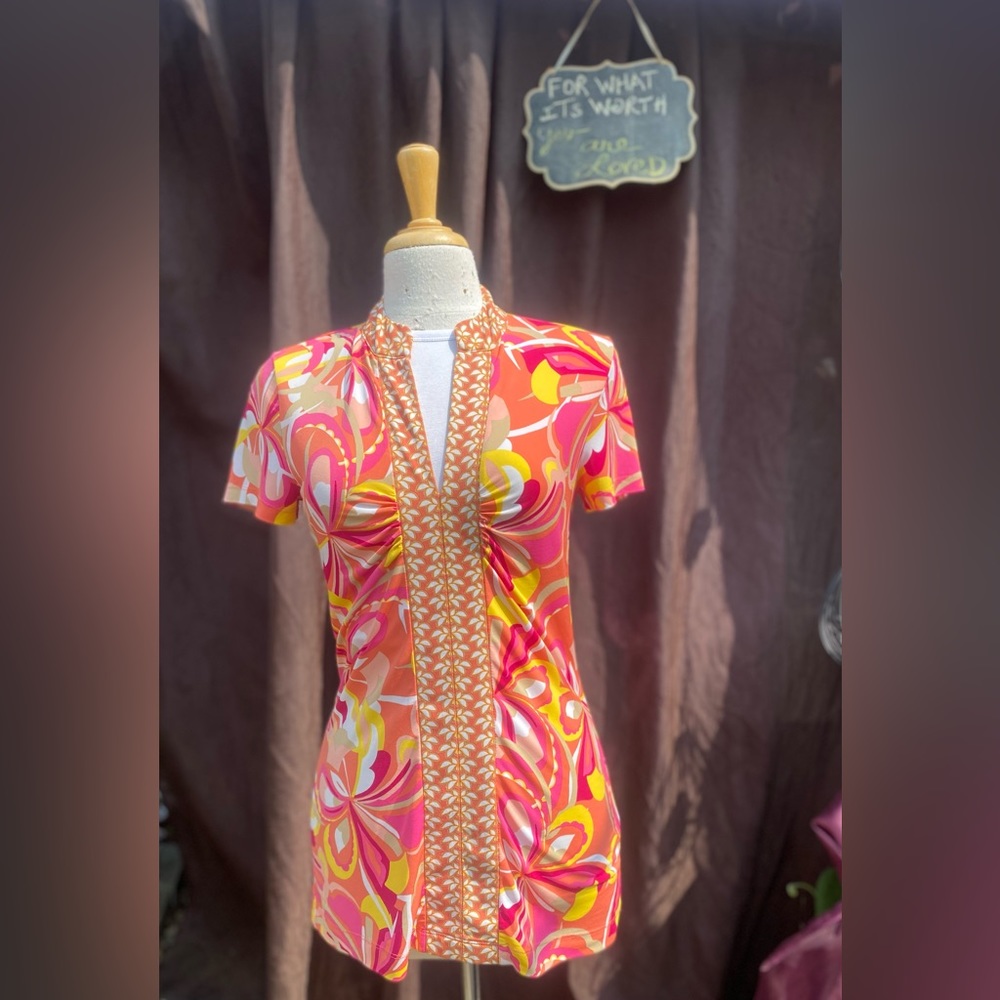 Dana Buchman Psychedelic 60s Floral Blouse - Pink & Yellow Flower Power - XS